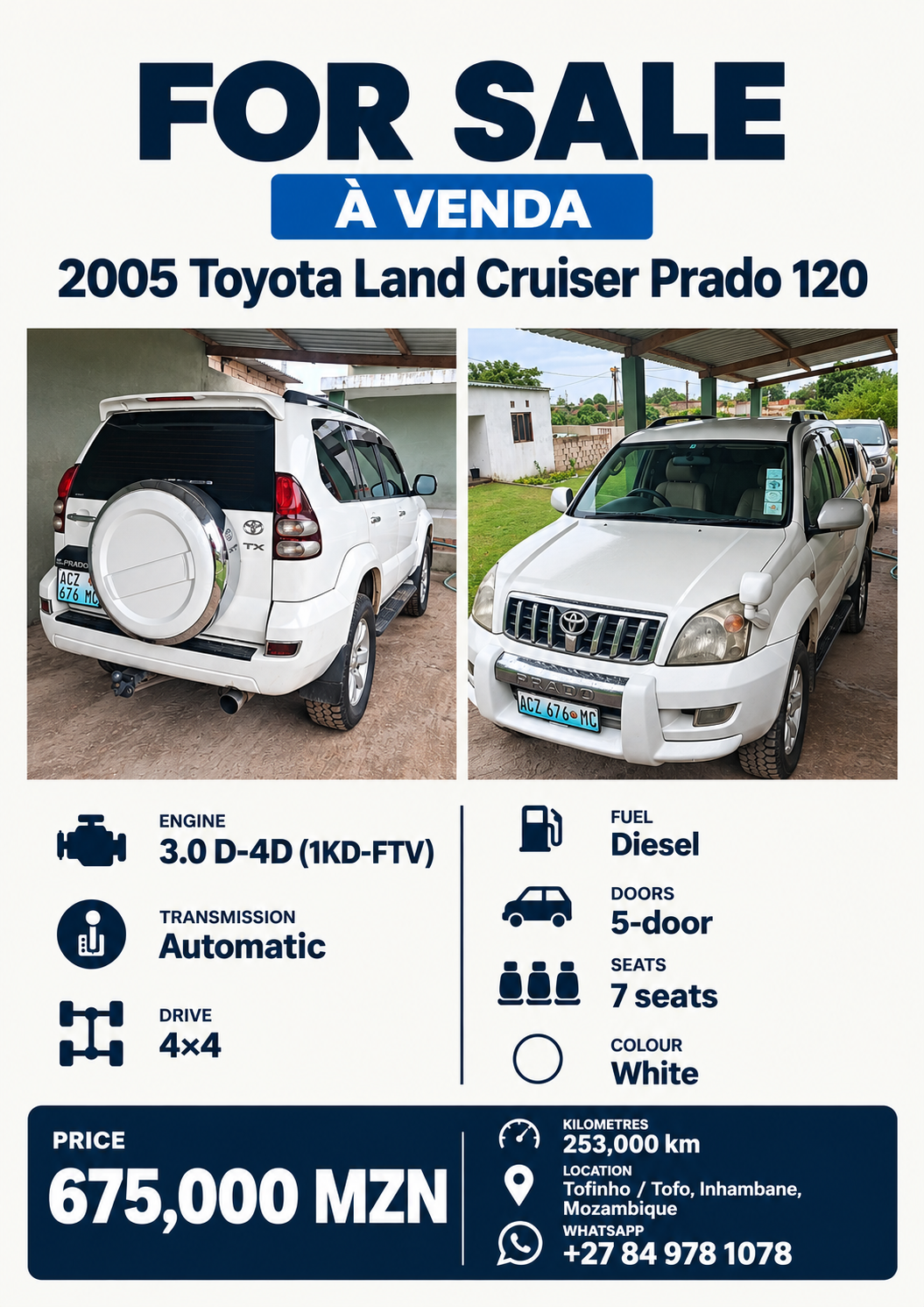 Cartaz: Toyota Prado 120 TX à venda, 675.000 MZN